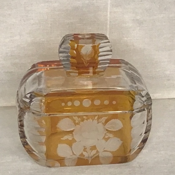 Bohemian 1930s Vintage Art Deco Amber & Clear Glass Dresser Box/ Trinket.